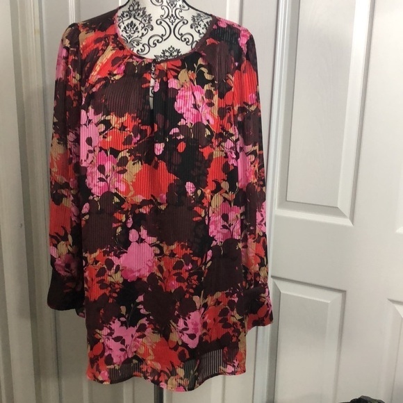 Lane Bryant Red Pink Striped Floral Semi Sheer Blouse 16 - Picture 1 of 7